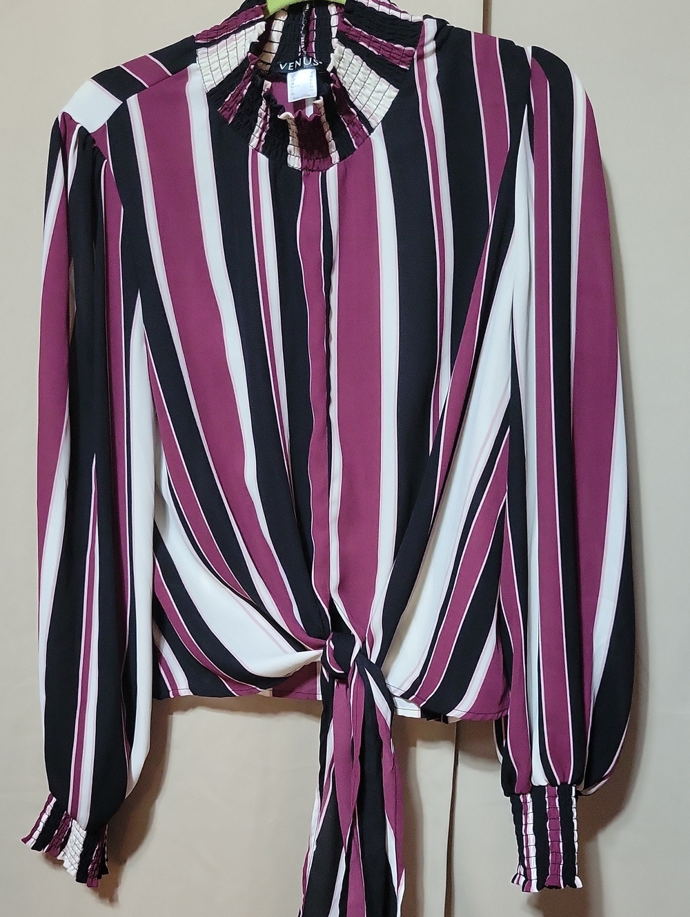 VENUS Plum, Black & White Striped Tie-Front Blouse